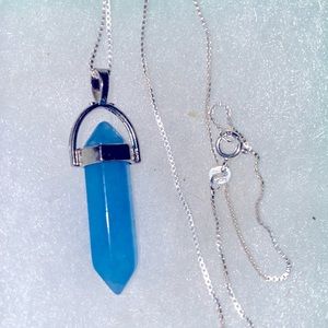 Blue Quartz natural crystal silver 16” necklace